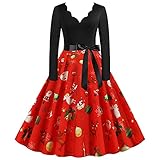 Retro Weihnachtskleid Elegant Dirndl Damen Winterkleid V-Ausschnitt Knielang A-Linie Wellensaum Kleider Partykleid Abendkleider Kleid Cocktailkleid Rockabilly