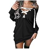 Briskorry Schulter Sweatkleid Damen Langarm Hoodie ohne Kapuze Pulloverkleid Damen Kleider Knielang ​Pulli Vintage Sexy V-Ausschnitt Longpullover Herbst Kurz Kleid Sweatshirtkleid Oberteil Top