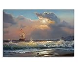 Paul Sinus Art 120x80cm Leinwandbild auf Keilrahmen Ölgemälde Strand Meer Wellen Segelboot Wolken Wandbild auf Leinw
