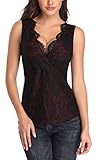 MISS MOLY Tops Damen Sexy V-Ausschnitt Kreuz Tank Top mit Spitze Ärmellose Bluse T-Shirt Schwarz/Rot M