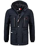 Geographical Norway Herren Winterjacke Parka Jacke Kapuze Hoodstrings Chest, Pocket & Sleeve Patch, Navy blau, Gr:XXL