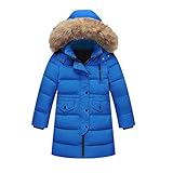 Riou Kinder Baby Lang Daunenjacke mit Pelz Ultraleicht Wintermantel Winter Warme Jungen Mädchen Jacke mit Kapuze Hochwertig Schön Parka Mantel (160, Blau)