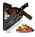 Kochmesser, Metzger, Chopper, Jäger, Hackbeil, handgefertigt, geschmiedet, Kohlenstoffstahl, ergonomischer Griff, perfekt für Haus und Restaurant, Gratisgeschenk (Ledermesserscheide)