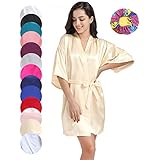 Xiang Ru Satin-Bademantel für Damen, seidiger Kimono, Loungewear, Nachtwäsche mit Schlafkappe Gr. Large, champagnerfarb