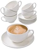 Cappuccino Tassen 6er Set aus Keramik Weiß - Mit Untertassen - Hält Lange warm - Spülmaschinenfest - 180