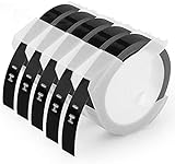 Oozmas kompatible Prägeband als Ersatz für Dymo 3D Prägeband 9mm Weiß auf Schwarz Kunststoff Vinyl-Prägeetiketten Selbstklebend für Dymo Omega Junior Etiketten Prägegerät, 9mm x 3m, 5 R