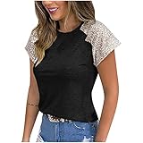 Mode T-Shirt Damen Pailletten-Rundhalsausschnitt Kurzarm Sommer Oberteil Einfarbig Rundhals Sequins Shirt Mode Damen 2021 Top Lose T