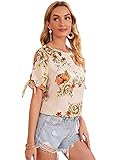 Floerns Damen Rundhals Krawatte Knoten Manschette Kurzarm Bluse Tops, aprikose, X