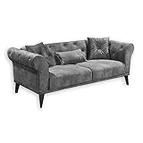 Stella Trading CHESTER Sofa 2-Sitzer mit Schlaffunktion, Microfaser Grau - Vintage Chesterfield Couch mit Knopfheftung und Metallfüßen - 188 x 77 x 95 cm (B/H/T)