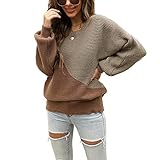 Damen-Strickpullover mit Farbblockierung, lockerer Pullover, langärmelig, Rundhalsausschnitt, für Herbst und Winter, Braun Khaki, M