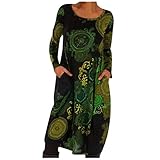 TYTUOO Mode Damen Herbst Winter Lange Blusenkleid Rundhals Retro Muster Pullover Kleid Tops Tunika Pullikleid, A-Kaki, X-Larg