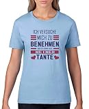 Comedy Shirts - Ich versuche Mich zu benehmen. Tante - Damen T-Shirt - Hellblau/Lila-Fuchsia Gr. XS