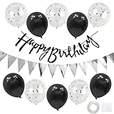 Geburtstag Dekoration Set,Silber Schwarz Happy Birthday Banner Set mit Luftballons Konfetti Ballons Dreiecksflaggen Girlanden für Geburtstag Deko Party Supp