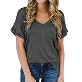 Damen T-Shirt Lässig einfarbig Basic Tops mit Tasche Plain Simplicity T-Shirts V-Ausschnitt Kurzarm Loose Tunika All-Match Bluse(L,Dunkelgrau2)