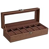 SONGMICS Uhrenbox mit 6 Fächern, Uhrenkasten mit Glasdeckel, Aufbewahrungsbox als Geschenk, Kunstleder, mit Uhrenkissen, Weihnachten, 30 x 11 x 8 cm, braun mit Holzmaserung JWB006K01