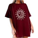 Damen Tshirt Sommer Große Größen Oberteile Sonne Mond Druck Blusen Shirts Basic Hemd Tops Casual Kurzarm Frauen Longshirt Tunika Tops Freizeit Bequem Sport Tops Locker Saum O
