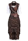 Grebrafan Steampunk Kunstleder Korsett Corsage Kostüm mit Pirat Spitzenrock und Bluse - für Karneval Fasching Halloween (EUR(40-42) 2XL, Braun)