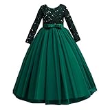 SXSHUN Kinder Mädchen Langarm Eleganten Bogen pitzenkleid Bowknot Pailletten Kleid Spitzenkleid Brautjungfer Hochzeit Festzug-Ballkleid Kinder Festliches, Grün, 152-158(Größenetikett 160)