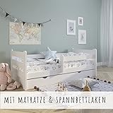 Kinderbett Jugendbett 80x160 cm mit Rausfallschutz | Voll-Holz inkl. Matratze Lattenrost & Schublade in weiß Kiefer | Mädchen Jungen Bett sk