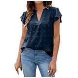 Solide T-Shirt für Damen Rüschen Kurzarm Top mit V-Ausschnitt Sexy Elegantes Lockeres Lässiges Oberteil Arbeits Hemd aus Chiffon für den Sommer B