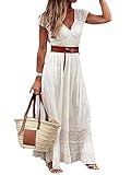 Onsoyours Damen Ärmellos V-Ausschnitt Retro Sommer Spitzen Strandkleid Maxi Kleider Boho Lang Lose Sommerkleid Elegant Casual A-Linie Kleid G Weiß L