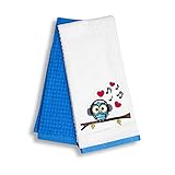 SYS Online Geschirrtücher Baumwolle 2er Pack, Waffelpique Stoff Handtücher Set, Oeko-tex® Hochwertige Geschirrtücher mit Motiv, 100% Baumwolle, Blaue Eule - Blue Owl, 60x40cm (Blau - Weiß)