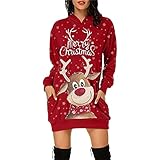 JISHII Weihnachten Kleid für Damen Elch Schneeflocke Merry Christmas Stoffdruck Mehrfarbig Kapuzenpullover Freizeit Langärmeliges Knielang Elastisch Daily Sweatshirts Kleid mit Knielangen T