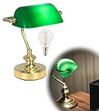 Bankerlampe Grün Messing Retro - Kleine Schreibtischlampe LED mit Grünen Lampenschirm - Banker Tischlampe Büro - Schreibtischleuchte mit Leuchtmittel E14 - Bürolampe Schreibtisch Höhe 24
