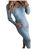 SHZFGUI Damen Lange Europäische und Amerikanische Mode Lässig Einfarbig V-Ausschnitt Neckholder Sexy Schlankes einteiliges Langarmkleid 011-Blau 3X-Larg