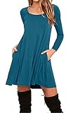 BOFETA Damen Langarm Kleider Lose Tunika Kleid Rundhals Casual T-Shirt Kleid Türkis S