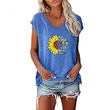 T-Shirt Damen, Tshirt Damen Weiss V Ausschnitt Tshirt Damen Sommer Oberteile Elegant Herzen Drucken Schulterfrei Tee Tops Kurzarm T-Shirt V-Ausschnitt Patchwork Fitness Sport Bluse Basic T