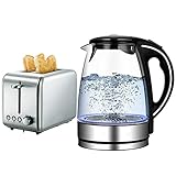 HIMU 1,7 Liter Wasserkocher-Toaster-Set, 1200W Schnellkochender Kabelloser Wasserkocher, 2-Scheiben-Toaster Mit Breiten Schlitzen, 6 Variable Bräunungseinstellung