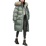 Damen Solid Oversize Mantel Dicke Warm Winter Lange Daunenjacke Frauen Full Sleeve Pelzkragen Hooded Parka, Pea Green, 38