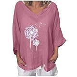 Masrin Damen Baumwolle und Leinen Tops Vintage Plus Size Blumendruck T-Shirt Einfarbige V-Ausschnitt 3/4 Ärmel lose Tunika Bluse(XXXXL,Rosa)