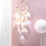 Dsaren Bohemian Dekoration, Led Traumfänger Mädchen Handgefertigt Dreamcatcher Spitze Traumfänger Federn Weiß für Gute Träume Wandbehang Auto Raum Mädchen Kreatives Geschenk