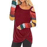 Damen Nettes Langarm T-Shirt Lässige Bluse Tops Rundhals Sweatshirt Damen Kalte Schulter Tops Twisted Damen Fledermaus Jumper Tops Rundhals Geblümtes Übergroßes Baggy T-Shirt Pullover B