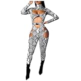 RMBLYfeiye Damen Body Leder Jumpsuit Sexy Aushöhlen Langarm Strampler Schnalle Ausgeschnitten Kurz Clubwear Overall Langarm Bodysuit Bodycon Trikot Playsuit Reißverschluss am Hals, hohl, S