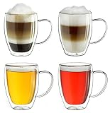 Creano doppelwandiges Thermoglas mit Henkel 400ml, großes Doppelwandglas aus Borosilikatglas, Kaffeegläser, Teegläser, Latte Gläser 4er S