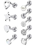 WillTen 9Stück Tragus Cartilage Helix Piercing Ohr Chirurgenstahl Herz Star Rose 16G 1.2mm 6mm CZ Diamant Piercing Körperschmuck