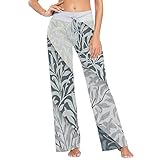 REFFW Damen Comfy Pyjama Hosen Casual Stretch Hose Kordelzug Lounge Hosen Breites Bein Für alle Jahreszeiten, William Morris Vintage Grau Blätter N