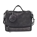 MIMITU Vintage Nubuk Leder Damen Handtasche Rivet Große Taschen Haarball Damen Umhängetasche Motorrad Messenger Top-Griff Tasche,Schwarz,32X24X14