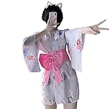 Damen Japanischer Kurz Kimono mit OBI Gürtel Lovely Sakura Rabbit Print Yukata Robe Wrap Front Nachthemd Nachtwäsche - - Einheitsgröß