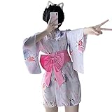 Damen Japanischer Kurz Kimono mit OBI Gürtel Lovely Sakura Rabbit Print Yukata Robe Wrap Front Nachthemd Nachtwäsche - - Einheitsgröß