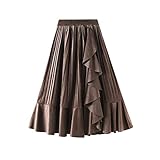 Feelpit Damen Midirock Elegent Einfarbig Elastische Taille Plisseerock mit Rüschensaum (Coffee, One Size)
