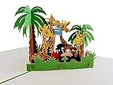 iGifts And Cards Geburtstagskarte mit Giraffen und 3D-Aufstell-Motiv – Happy Birthday, Feliz Cumpleaños, Celebrations, Wishes, halbgefaltet, Tiere, lustig, Best, niedlich, Fancy / Safari, Mama Pap