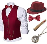 Coucoland 1920s Accessoires Herren Mafia Gatsby Kostüm Set inklusive Panama Gangster Hut Herren Weste Halsschleife Fliege Taschenuhr und Plastik Zigarre (Weinrot, S)