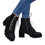 Hotberry Damen Stiefeletten Cowboy Boots mit Reißverschluss Schnürstiefeletten Herbst Winter Frauen Knöchel Stiefel aus Leder Schnürer Boots Spitze Dicke Ferse Kurzschaft Stiefel Ankle B