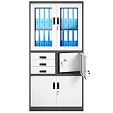Jan Nowak Aktenschrank C018S Büroschrank Metallschrank Tresor Safe Geheimfach Flügeltüren Schubladen Pulverbeschichtung Stahlblech 185 cm x 90 cm x 40 cm (H x B x T) (anthrazit/weiß)
