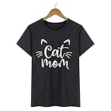 Hergswre T-Shirt Sommer Katze Mama Weiß Muster T-Shirt Lässig Kurzarm Rundhalsausschnitt Damen Top Muttertagsgeschenk Für Frauen - Schwarz Hanf Grau S