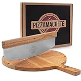 PIZZAMACHETE Pizzamesser mit Schneidebrett I Premium XXL Pizzaschneider 35 cm I Hochwertiger Pizzateller mit Griff I